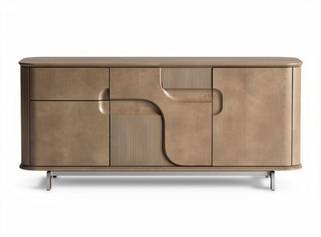 Contemporary beige storage cabinet with curved design and multiple drawers 150 x 45 x 70cm