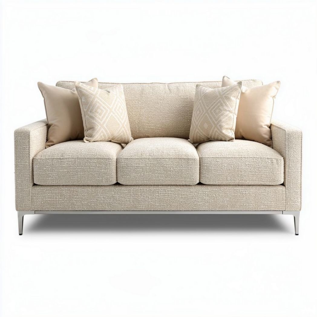 Beige fabric sofa with decorative pillows for living room seating 200 x 90 x 85cm
