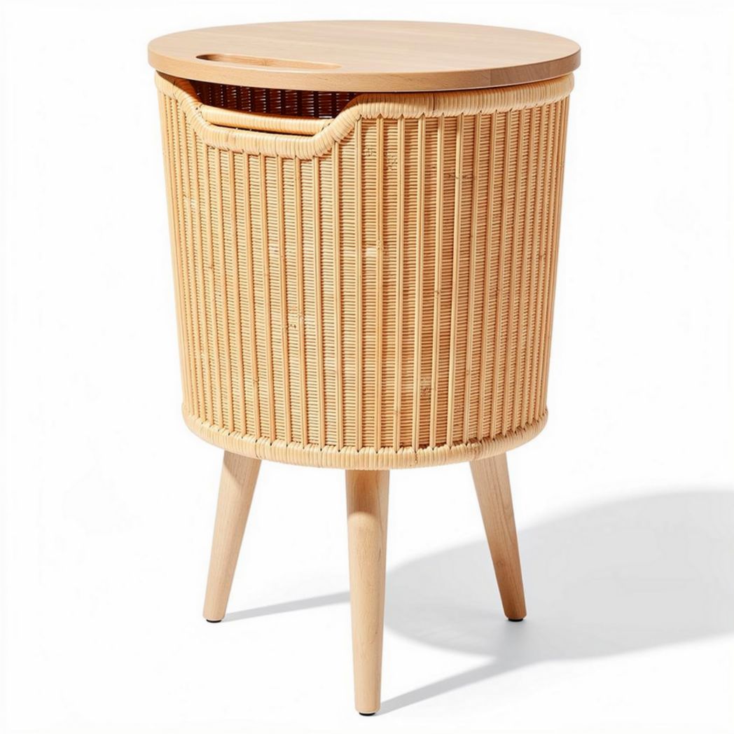 Woven wicker storage stool with wood top and metal legs 30 x 30 x 45cm