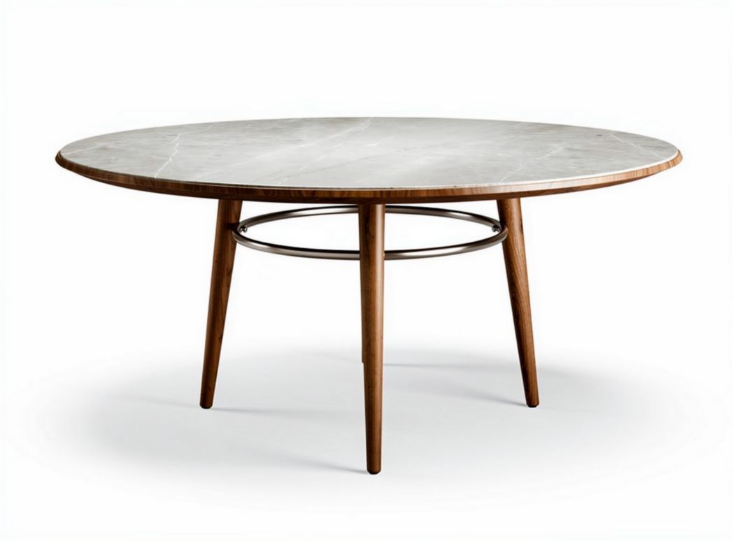 Round marble dining table with wooden legs and metal support 120 x 120 x 75cm