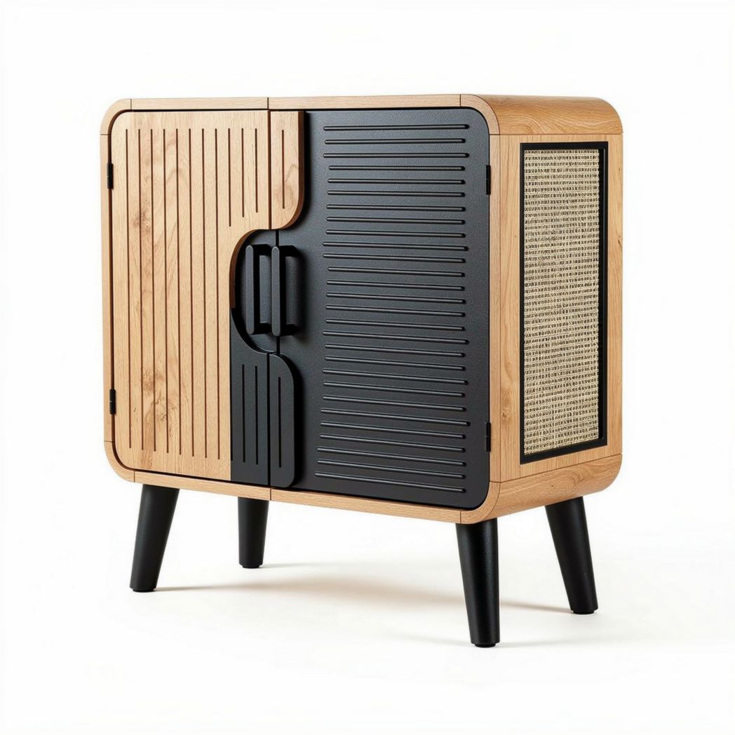 Wooden cabinet with black accents and cane wicker doors 80 x 40 x 75cm