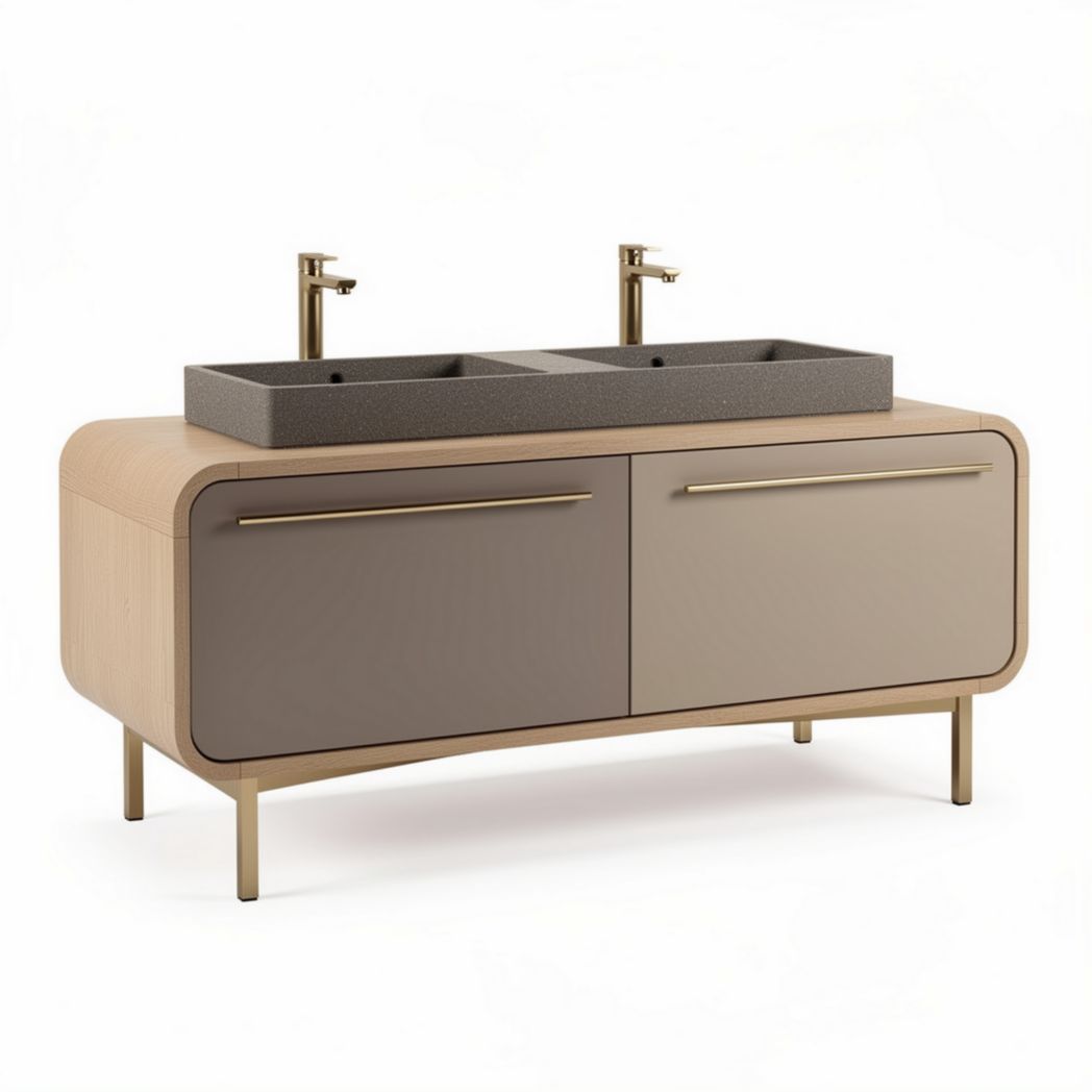 Double sink vanity with beige and gray finish and gold accents 120 x 50 x 85cm