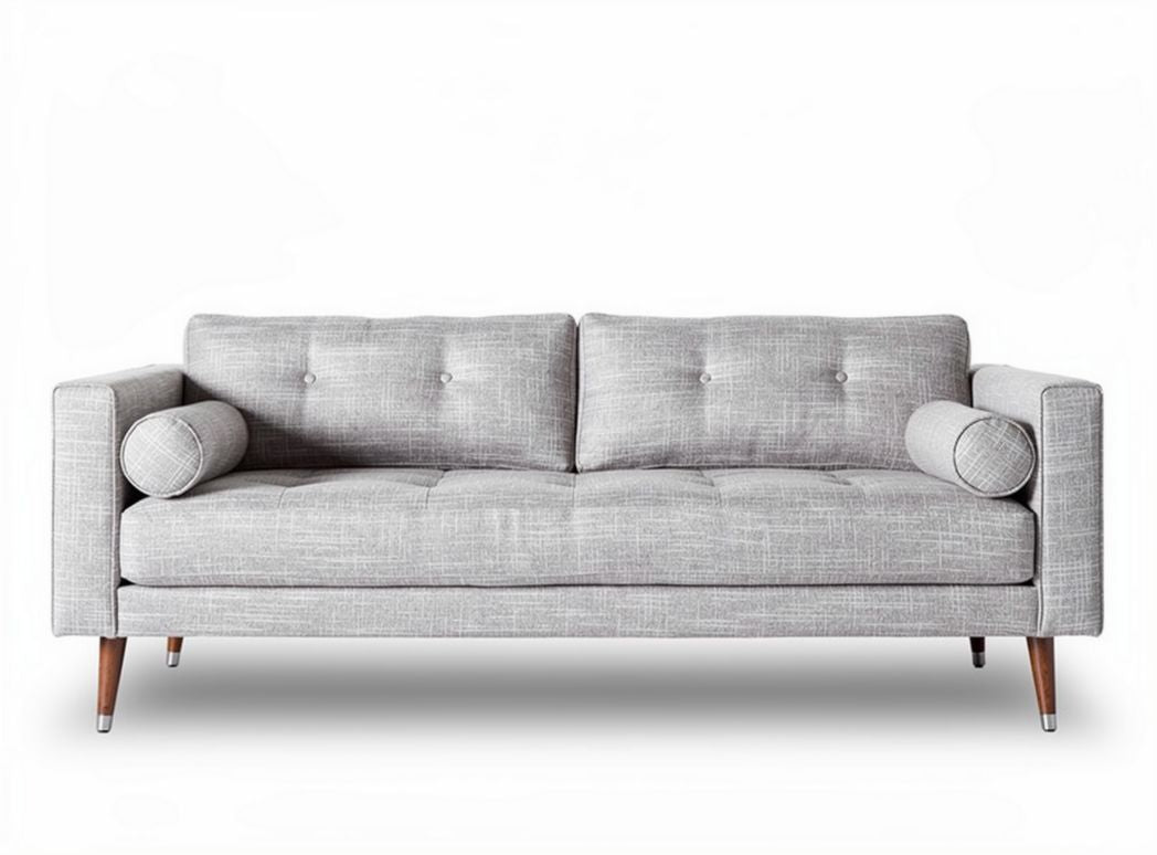 Modern grey upholstered sofa with wood legs and detachable cushions 180 x 80 x 70cm