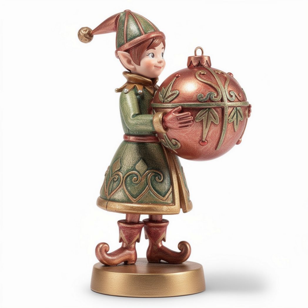 Elf figurine holding decorative ornament in green and gold 10 x 10 x 20cm