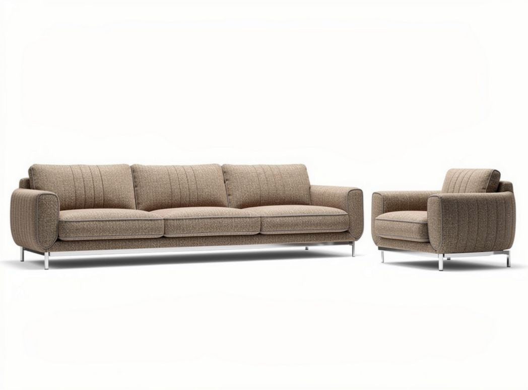Sectional sofa and armchair set in tan fabric with metal legs 200 x 90 x 80cm