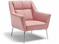 Upholstered armchair in pink fabric with diamond pattern and chrome legs