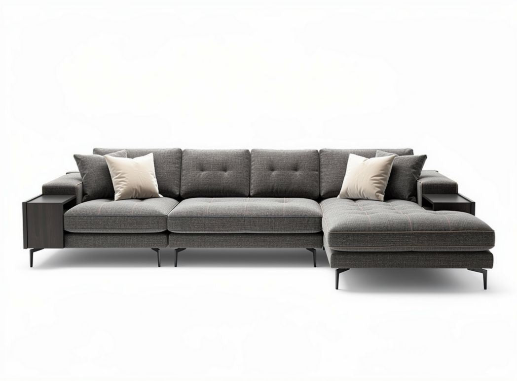 L-shaped sectional sofa with fabric upholstery and wooden accent tables 250 x 200 x 85cm